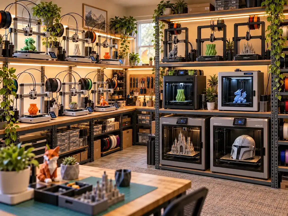 Conceptual illustration of a tidy 3D-printing workshop with machines arranged on metal racks